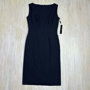 NWT Tahari Navy Pin Stripe Asl Tomlee Sleeveless Knee Length Sheath Dress 4